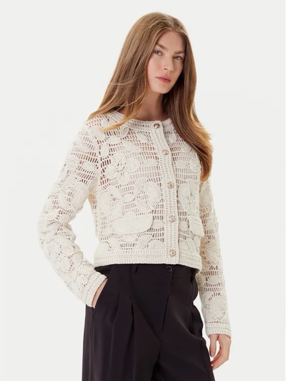 Ultra Pink crochet cardigan in ivory/beige